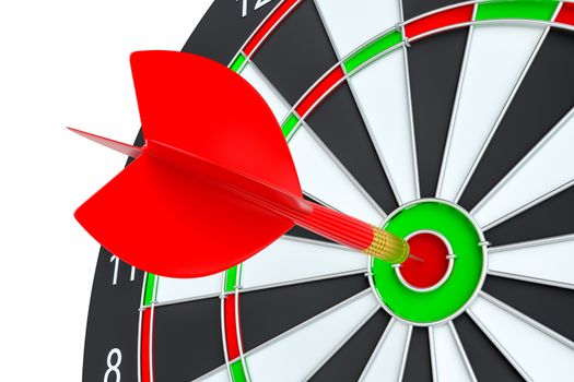 Target dart arrow hitting in the center of dartboard. 3d illustration