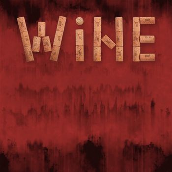 Word WINE shaped by natural wooden wine bottle corks of different vintage years over abstract grunge red paint stained background