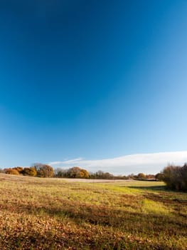 empty open grass land farm land scene plain agriculture blue sky clear; essex; england; uk