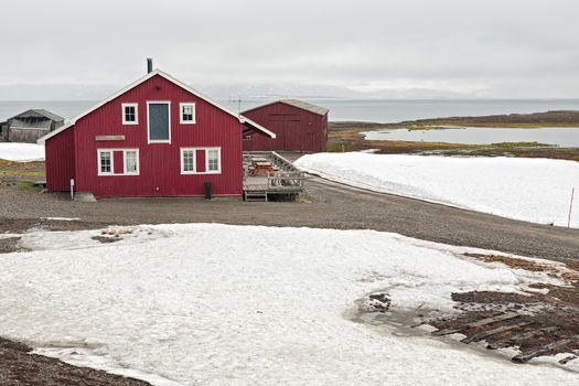 Wooden houses in Ny Alesund, Svalbard islands, Norway