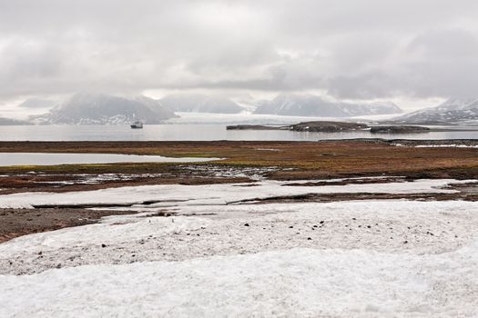 Panoramic view of the tundra and mountains from Ny Alesund, Svalbard islands, Norway