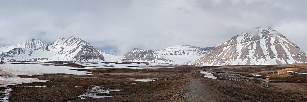 Panoramic mountain landscape in Ny Alesund, Svalbard islands, Norway