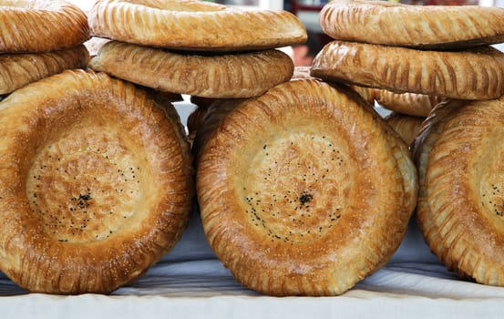 Traditional uzbek bread lavash in a market