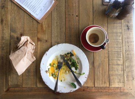 After Shot.  Top view looking down on finished plate of zucchini and sweet potato fritters, poached eggs, avocado and rolled rosette salmon  with a kicker bulletproof coffee.  Check out my before shot.