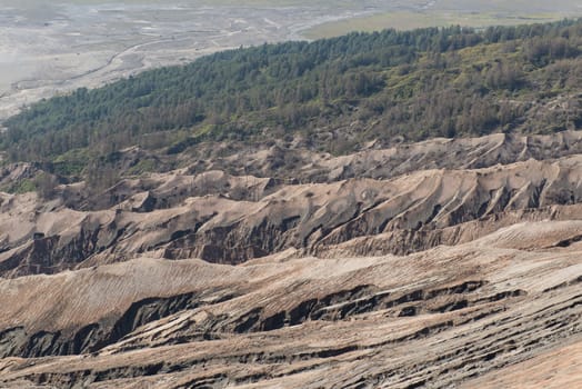 Layer Volcanic ash as sand ground of Mount Bromo volcano (Gunung Bromo) in Bromo Tengger Semeru National Park, East Java, Indonesia.