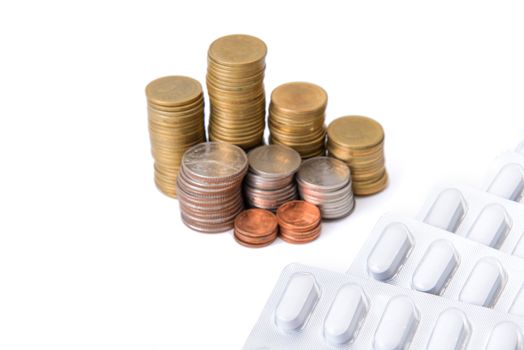 coin stack growing business with drug, Saving money concept.