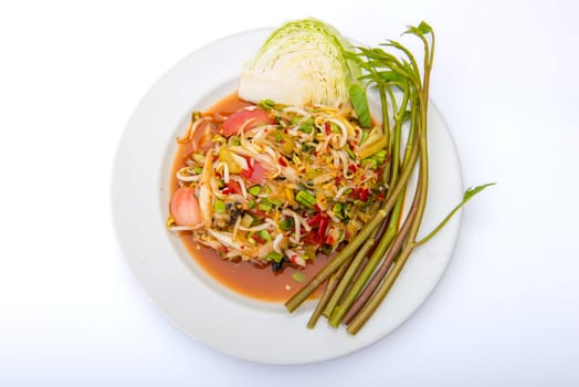 papaya salad of spicy Thai food isolate on white background.