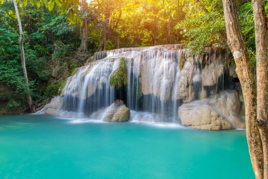 Waterfall in Deep forest at Erawan waterfall National Park, Thailand.