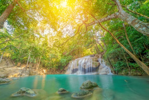 Waterfall in Deep forest at Erawan waterfall National Park, Thailand.