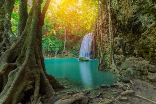 Waterfall in Deep forest at Erawan waterfall National Park, Thailand.