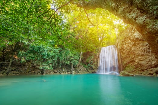 Waterfall in Deep forest at Erawan waterfall National Park, Thailand.