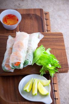 Vietnamese rice paper rolls with prawn and vegetables.