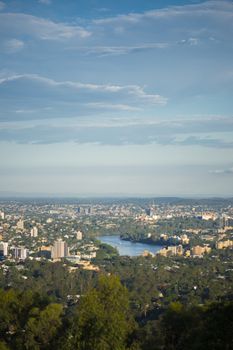 View of Brisbane and surrounding suburbs from Mount Coot-tha at during the day. Queensland, Australia.