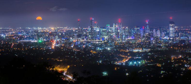 View of Brisbane and surrounding suburbs from Mount Coot-tha at night. Queensland, Australia.