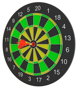 Dartboard with dart arrow hitting the center. 3d illustration