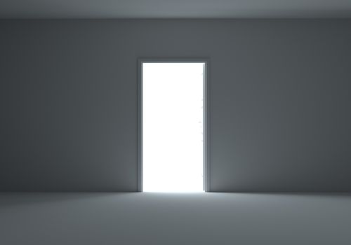 An open door with bright light streaming into a very dark room. 3d Illustration