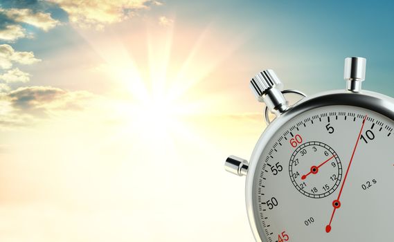 Analog stopwatch against the background of sunrise. The concept of speed and achievements. 3d illustration