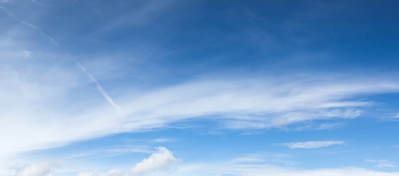 Panorama white fluffy clouds in the blue sky, Fantastic soft white clouds against blue sky