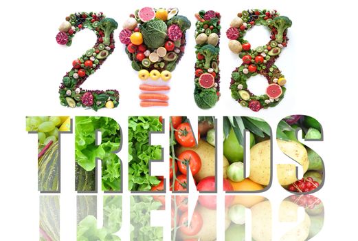 2018 trends made of fruits and vegetables including a light bulb icon