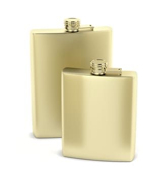 Two golden hip flasks with different sizes on white background