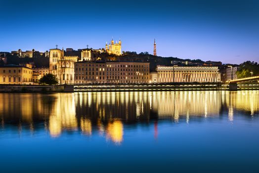 night view from Lyon city near the Fourviere cathedral and Saône river