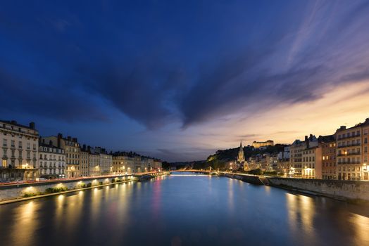 View of Saone river in Lyon city at evening, France 