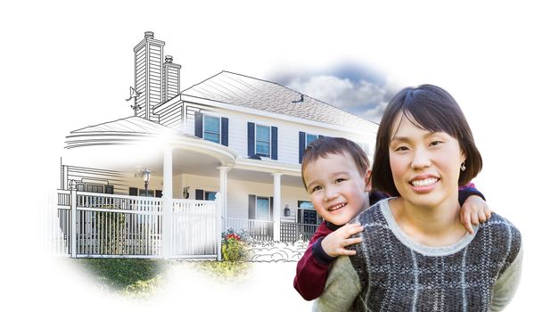 Chinese Mother and Mixed Race Child In Front of House Drawing on White.