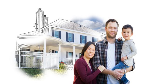 Mixed Race Chinese and Caucasian Parents and Child In Front of House Drawing on White.