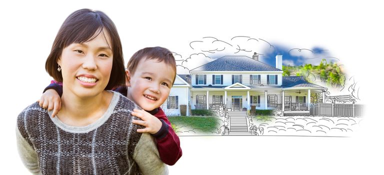 Chinese Mother and Mixed Race Child In Front of House Drawing on White.