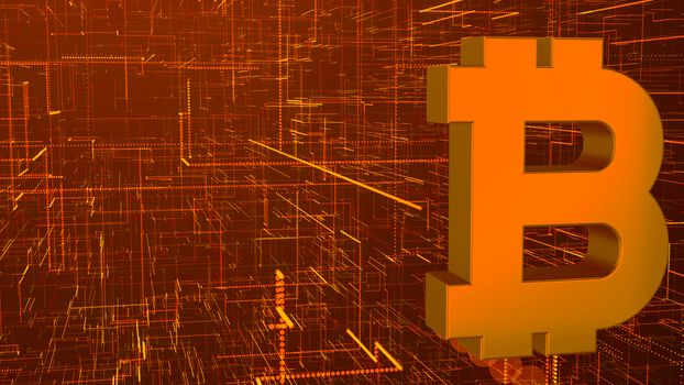 Abstract technology background with bitcoin sign. 3d rendering