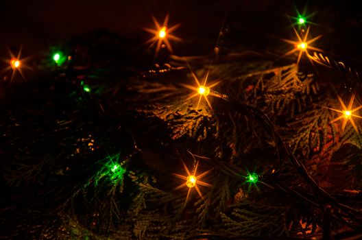 Christmas lights on a tree in different colors are classic symbol of Christmas.