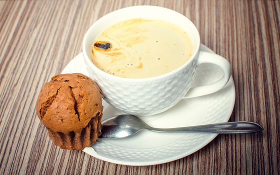 Chocolate muffin and coffee is ideal for a good breakfast.