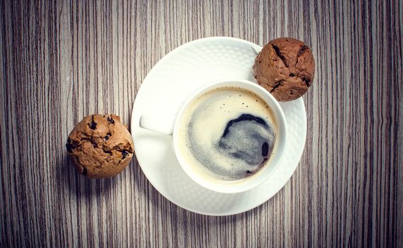 Chocolate muffin and coffee is ideal for a good breakfast.