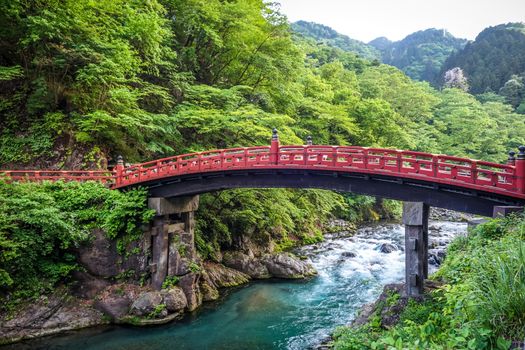 Futarasan jinja. Red wooden Shinkyo bridge, Nikko, Japan