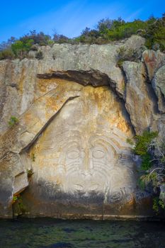 Traditional Maori rock carvings, Taupo Lake, New Zealand