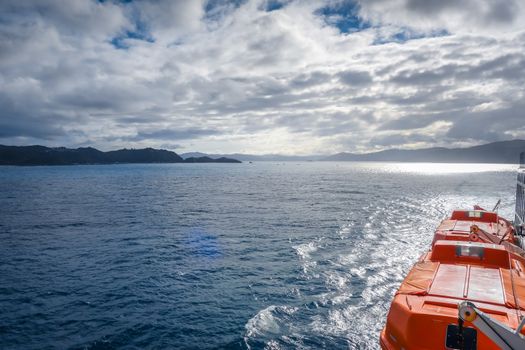 Marlborough Sounds view from a ferry and lifeboat, New Zealand