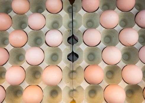 Brown chicken eggs placed in cardboard boxes at the market,view from above,outdoor.