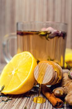 Hot winter tea with lemon, honey and ginger.