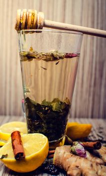 Hot winter tea with lemon, honey and ginger.