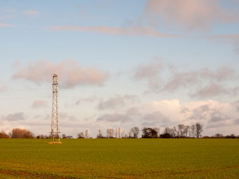 autumn green growing farmland landscape scene country with electricity pylon in blue cloudy sky; essex; england; uk