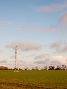 autumn green growing farmland landscape scene country with electricity pylon in blue cloudy sky; essex; england; uk