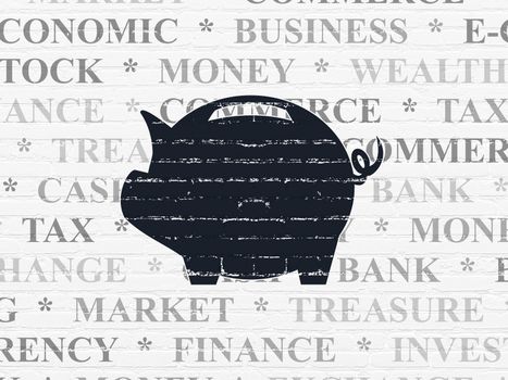 Currency concept: Painted black Money Box icon on White Brick wall background with  Tag Cloud