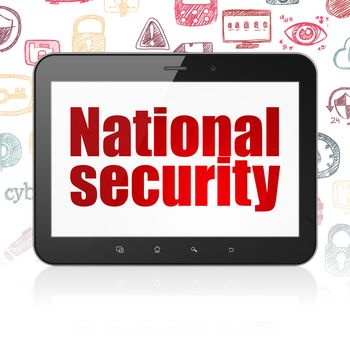 Safety concept: Tablet Computer with  red text National Security on display,  Hand Drawn Security Icons background, 3D rendering