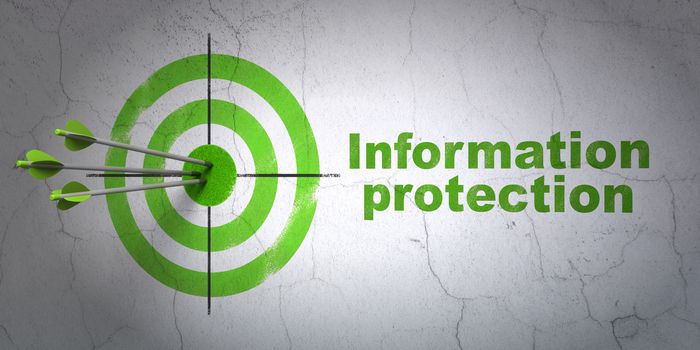 Success privacy concept: arrows hitting the center of target, Green Information Protection on wall background, 3D rendering
