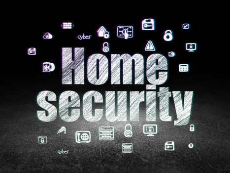 Privacy concept: Glowing text Home Security,  Hand Drawn Security Icons in grunge dark room with Dirty Floor, black background