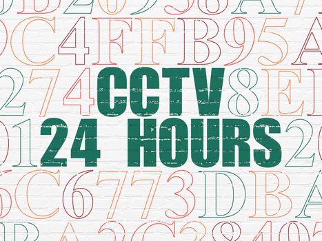Privacy concept: Painted green text CCTV 24 hours on White Brick wall background with Hexadecimal Code
