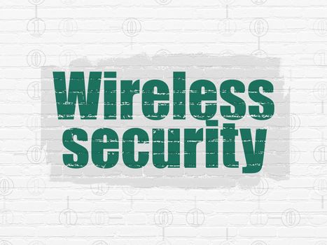 Safety concept: Painted green text Wireless Security on White Brick wall background with Scheme Of Binary Code