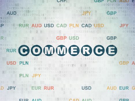 Finance concept: Painted blue text Commerce on Digital Data Paper background with Currency