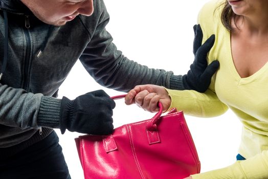 Fight thief and victims, hands and bag close-up