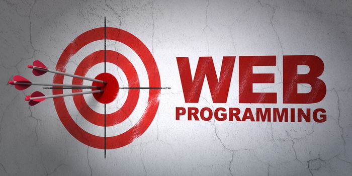 Success web development concept: arrows hitting the center of target, Red Web Programming on wall background, 3D rendering